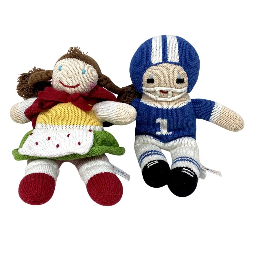 Zubels Plush Knit Doll Set of 2 Red Riding Hood Girl Braids Blue Football Player